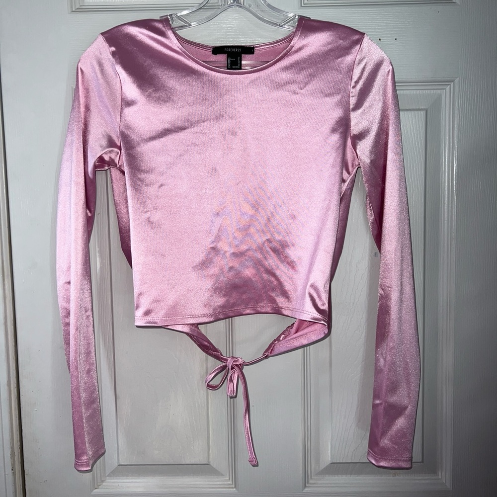 Pink Satin Open Back Tie Crop Top